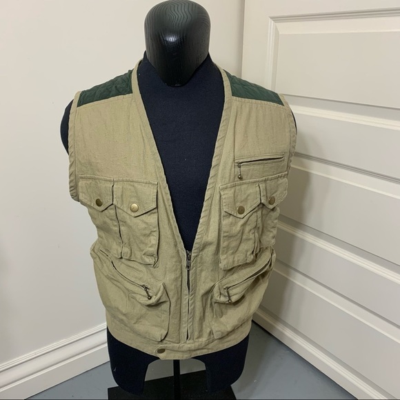 Vintage Hudson Bay Vest linen blend Quilted Tan Green Sz S/M Fishing Hiking - Picture 5 of 14